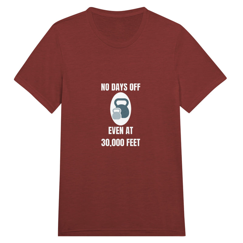 No Days Off Even at 30,000 Feet unisex triblend tee in Clay Triblend — packable travel training apparel from Dumbbells & Hotels