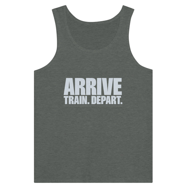 Arrive. Train. Depart. Tank | Dumbbells & Hotels - Arrive. Train. Depart. design, tank product photo
