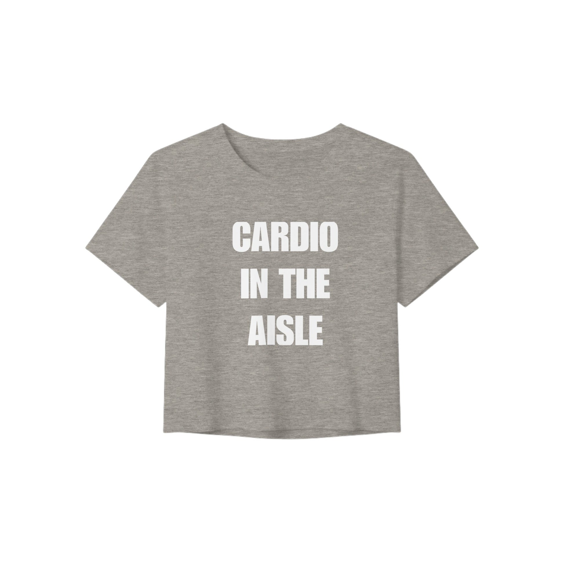 flat-lay women's cropped travel tee with white Cardio in the Aisle graphic, Dumbbells & Hotels