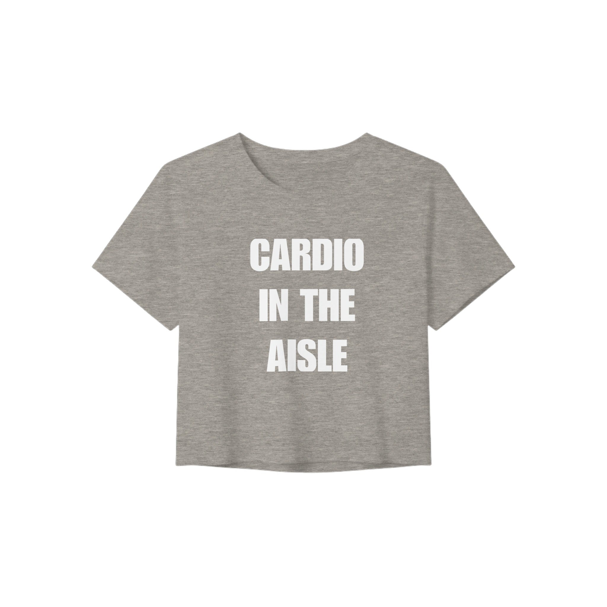 flat-lay women's cropped travel tee with white Cardio in the Aisle graphic, Dumbbells & Hotels