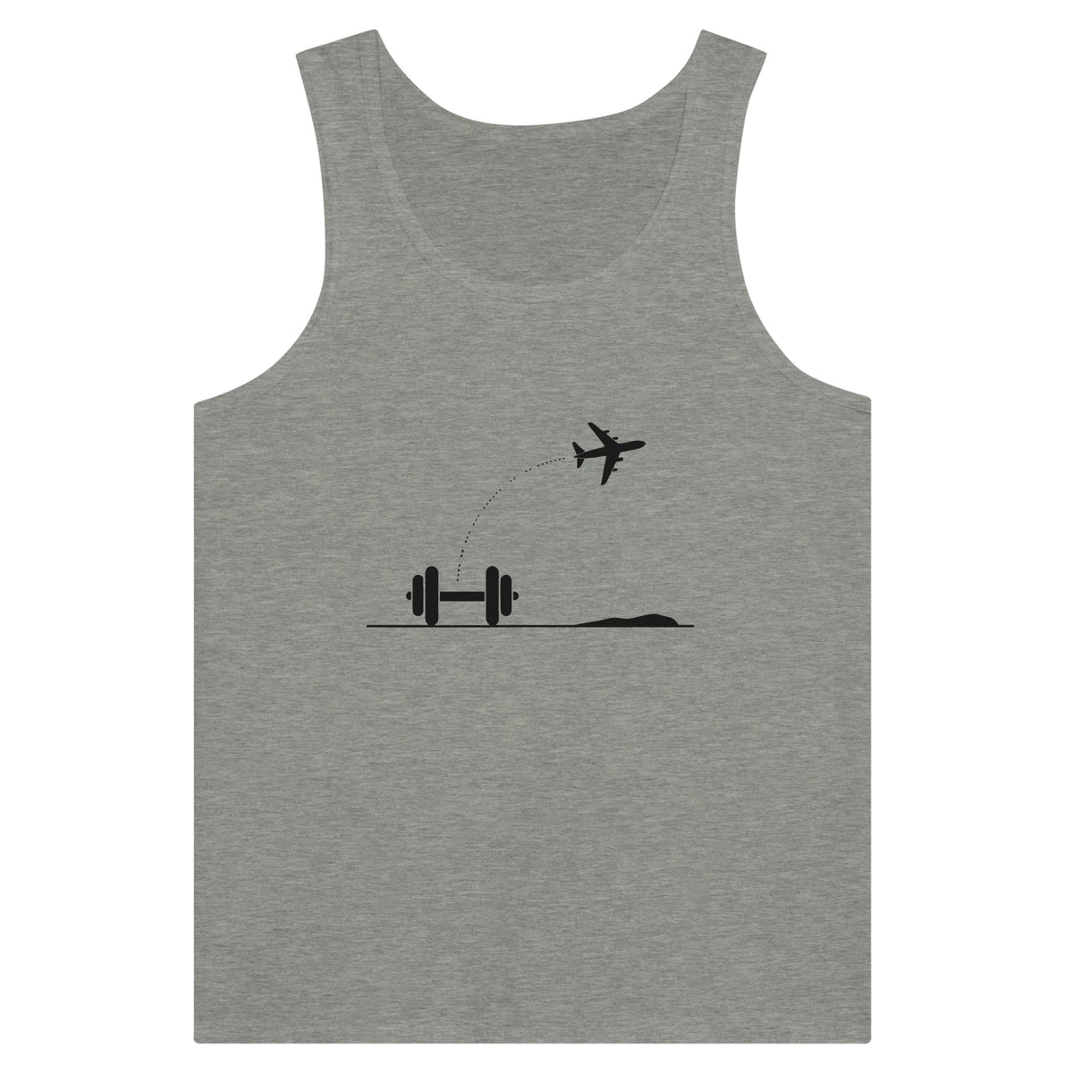 Descent Checklist, Personal Checklist. silhouette design of a dumbbell and flight path on a Dumbbells and Hotels unisex travel tank, flat lay