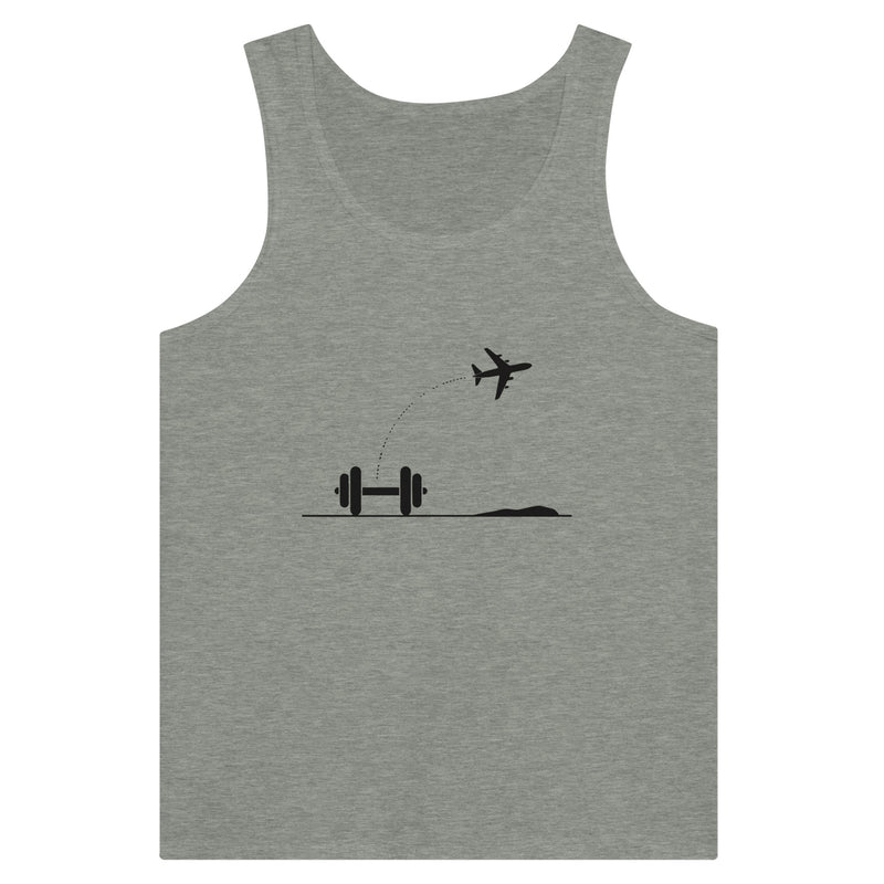 Descent Checklist, Personal Checklist. silhouette design of a dumbbell and flight path on a Dumbbells and Hotels unisex travel tank, flat lay
