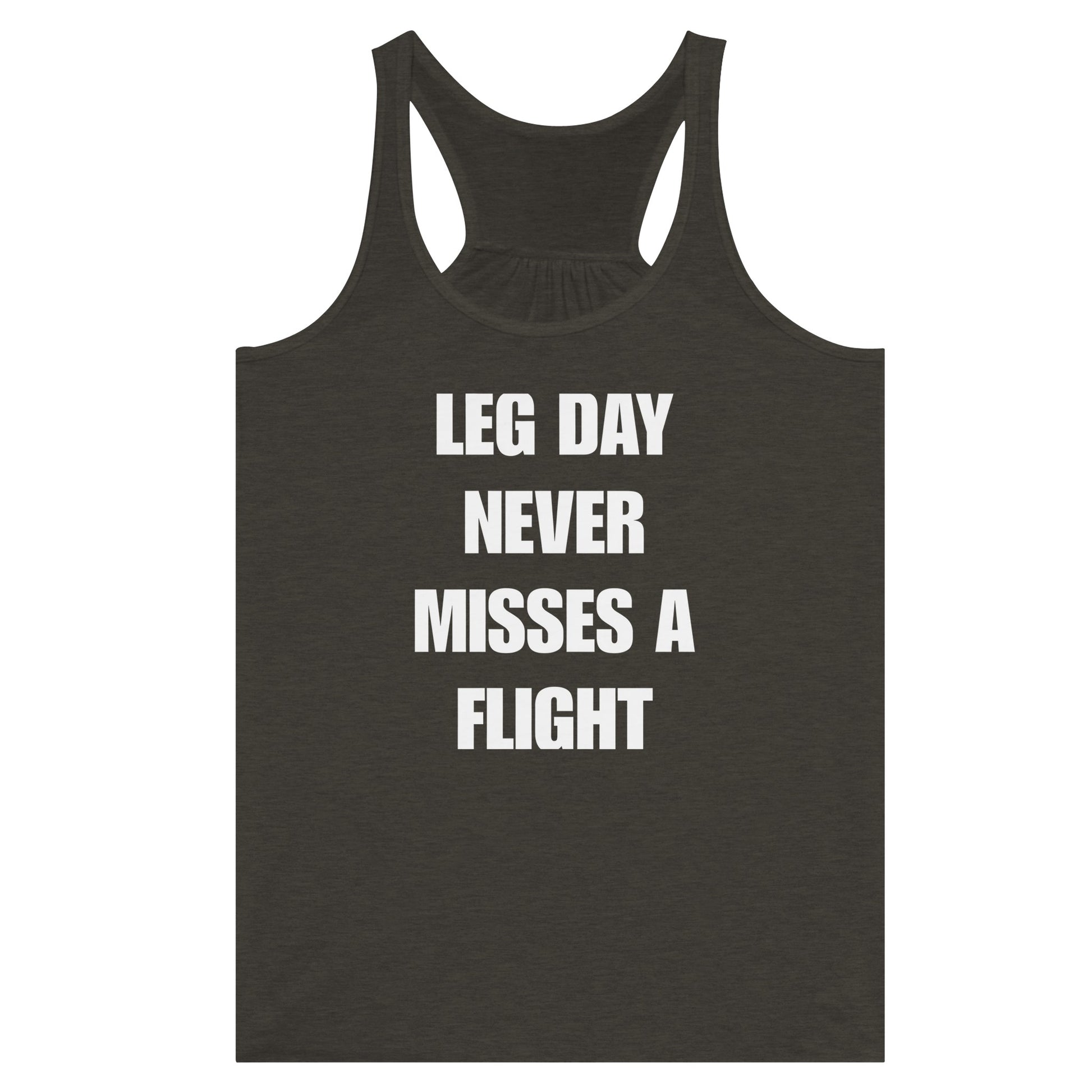 Dumbbells & Hotels women's flowy racerback tank with the Leg Day Never Misses a Flight graphic - product shot 5 of 13