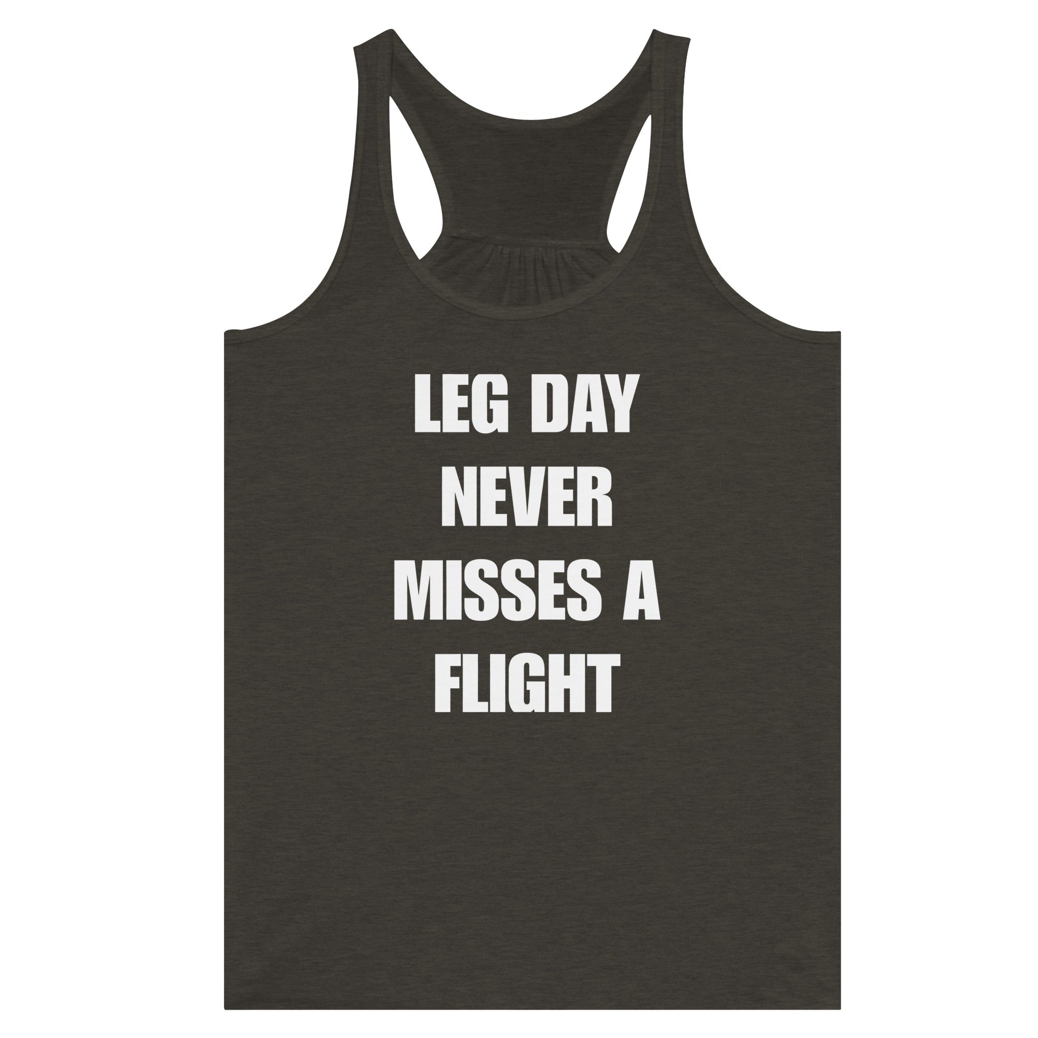 Dumbbells & Hotels women's flowy racerback tank with the Leg Day Never Misses a Flight graphic - product shot 5 of 13