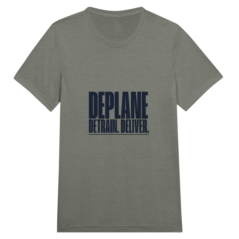 Deplane. Detrain. Deliver. design on a Dumbbells and Hotels unisex travel tee, flat lay