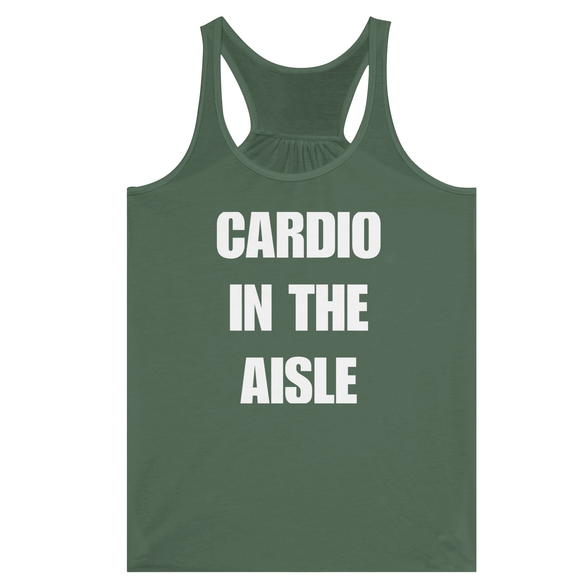 women's racerback tank, white Cardio in the Aisle graphic, wrinkle-resistant travel fitness apparel