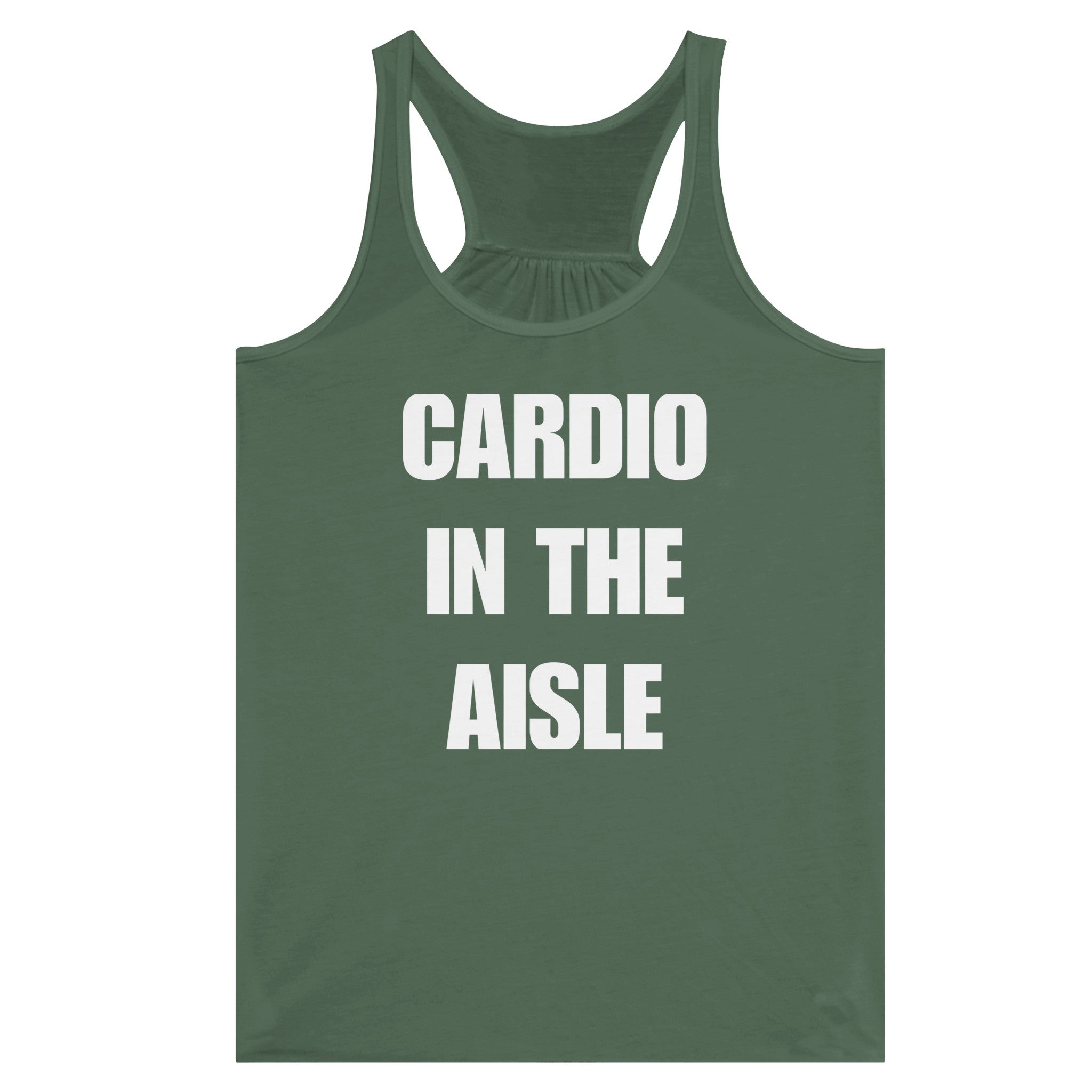 women's racerback tank, white Cardio in the Aisle graphic, wrinkle-resistant travel fitness apparel