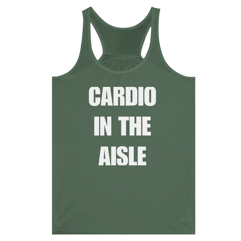women's racerback tank, white Cardio in the Aisle graphic, wrinkle-resistant travel fitness apparel