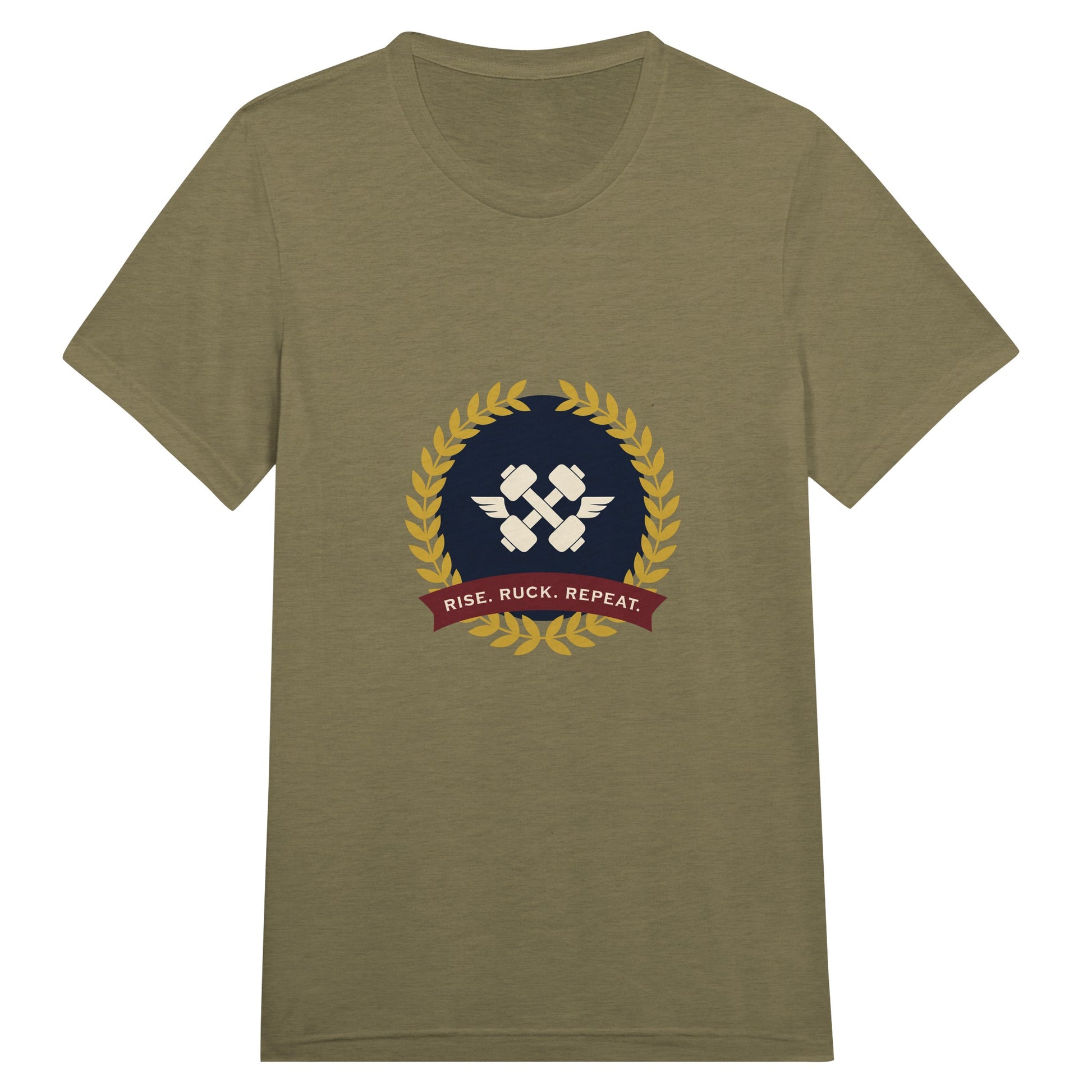 Rise. Ruck. Repeat. unisex triblend tee in Olive Triblend — packable travel training apparel from Dumbbells & Hotels
