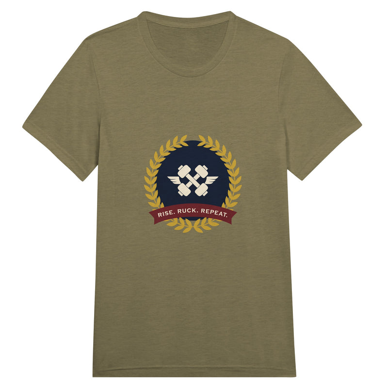Rise. Ruck. Repeat. unisex triblend tee in Olive Triblend — packable travel training apparel from Dumbbells & Hotels