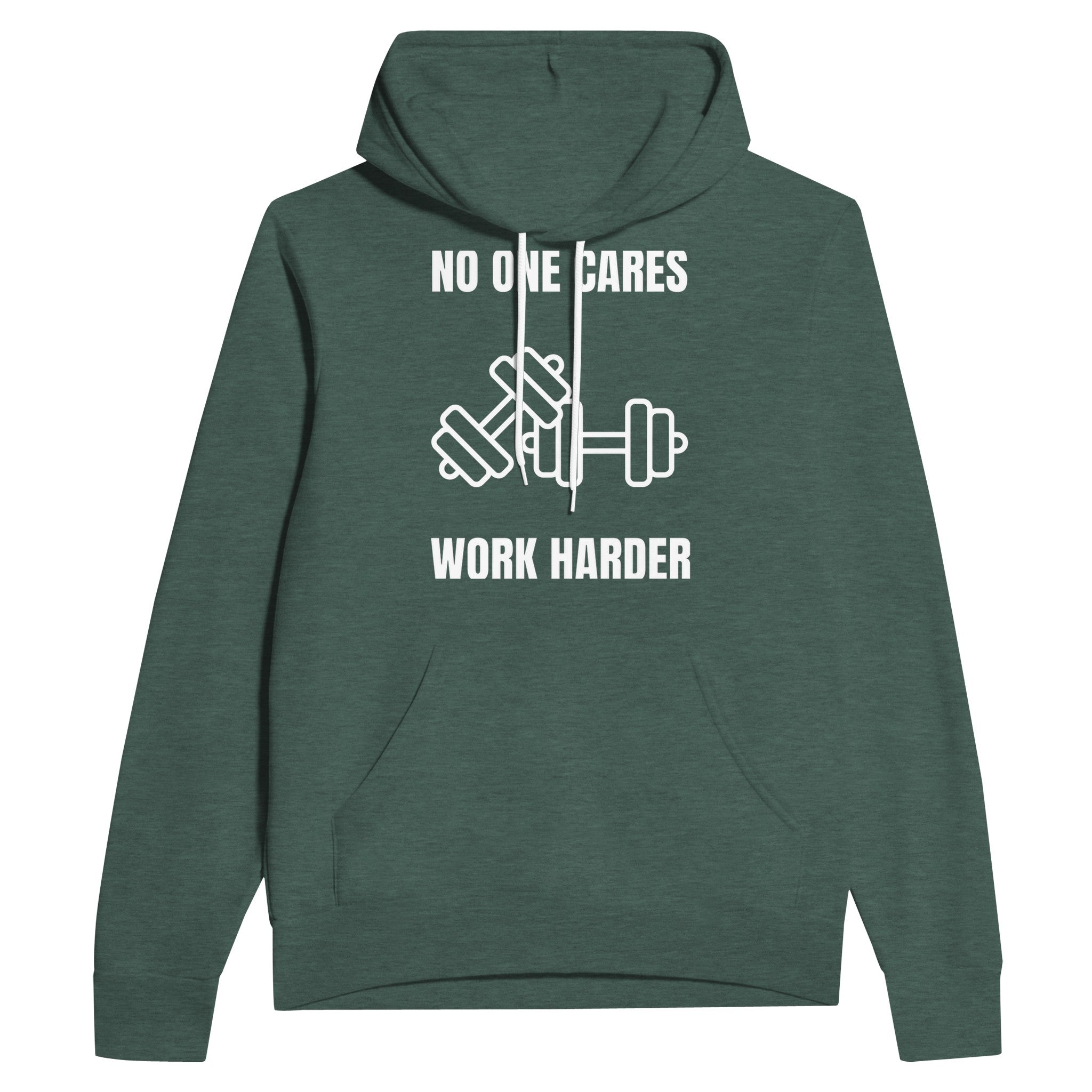 No One Cares. Work Harder sponge fleece hoodie — road warrior training in the hotel gym | Dumbbells & Hotels