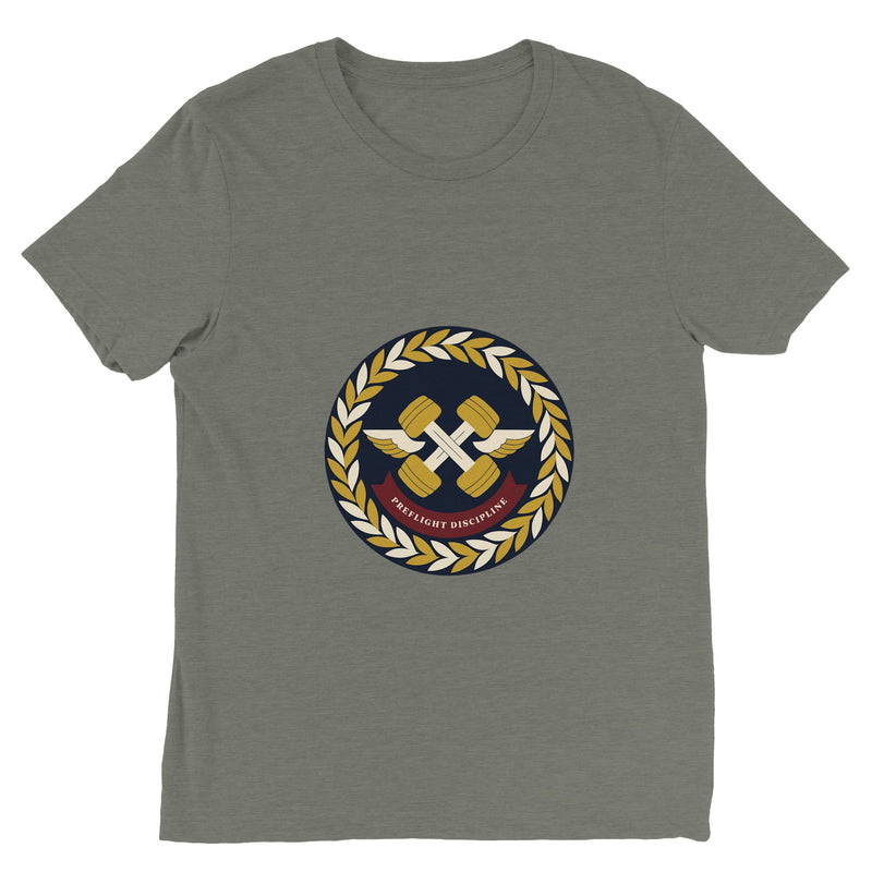 Preflight Discipline winged-dumbbell crest with laurel wreath on a unisex triblend tee by Dumbbells & Hotels — view 16 of 19