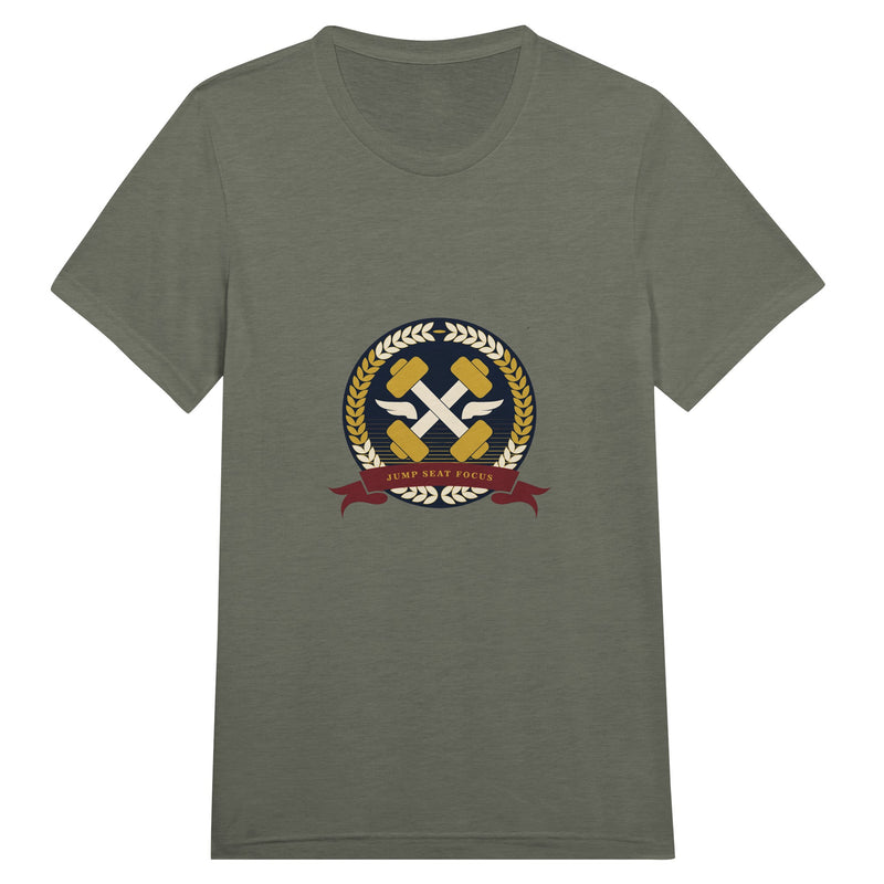 Dumbbells & Hotels unisex triblend tee with the Jump Seat Focus crest (gold laurel ring, crossed dumbbells over aviator wings, burgundy ribbon) - product shot 14 of 19