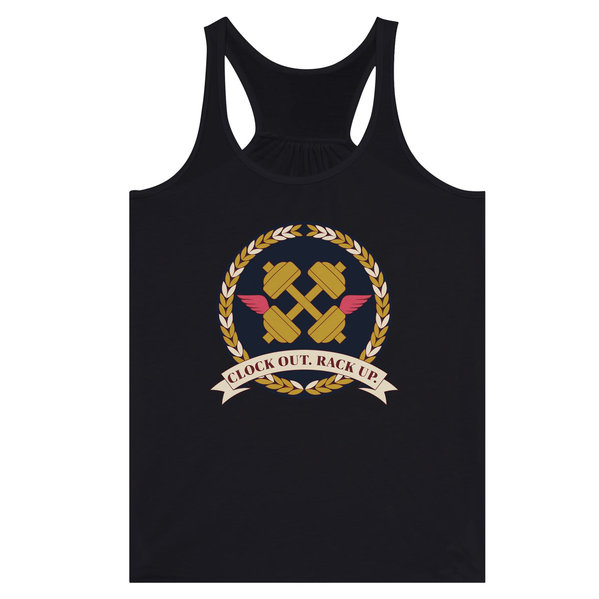 Clock Out. Rack Up. crest design on a Dumbbells and Hotels women's racerback tank