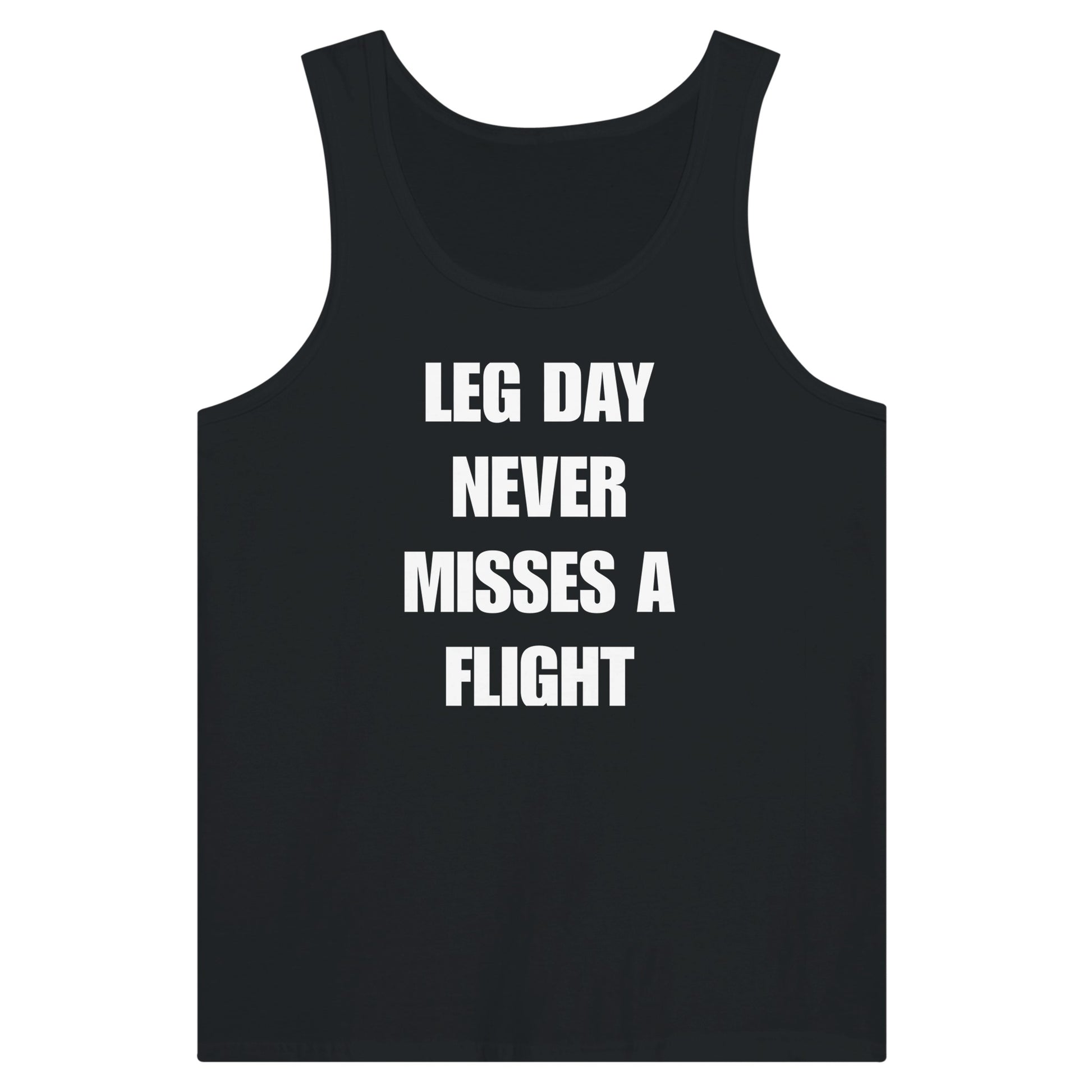 men's travel tank with white Leg Day Never Misses a Flight print on dark fabric, product view 8