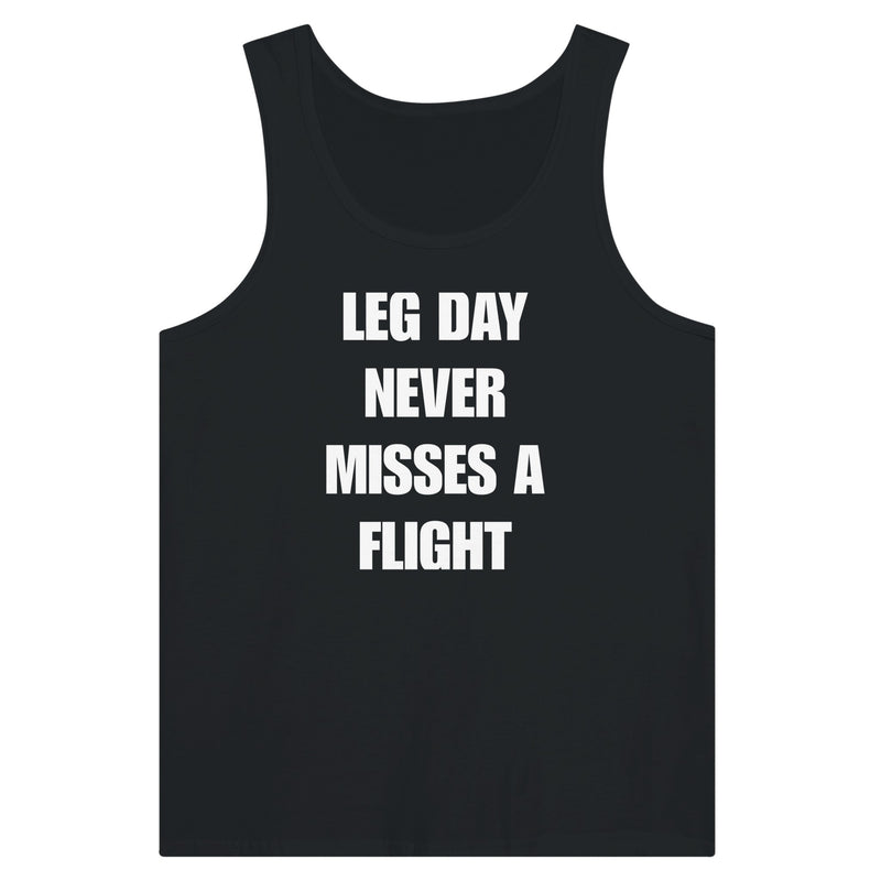 men's travel tank with white Leg Day Never Misses a Flight print on dark fabric, product view 8