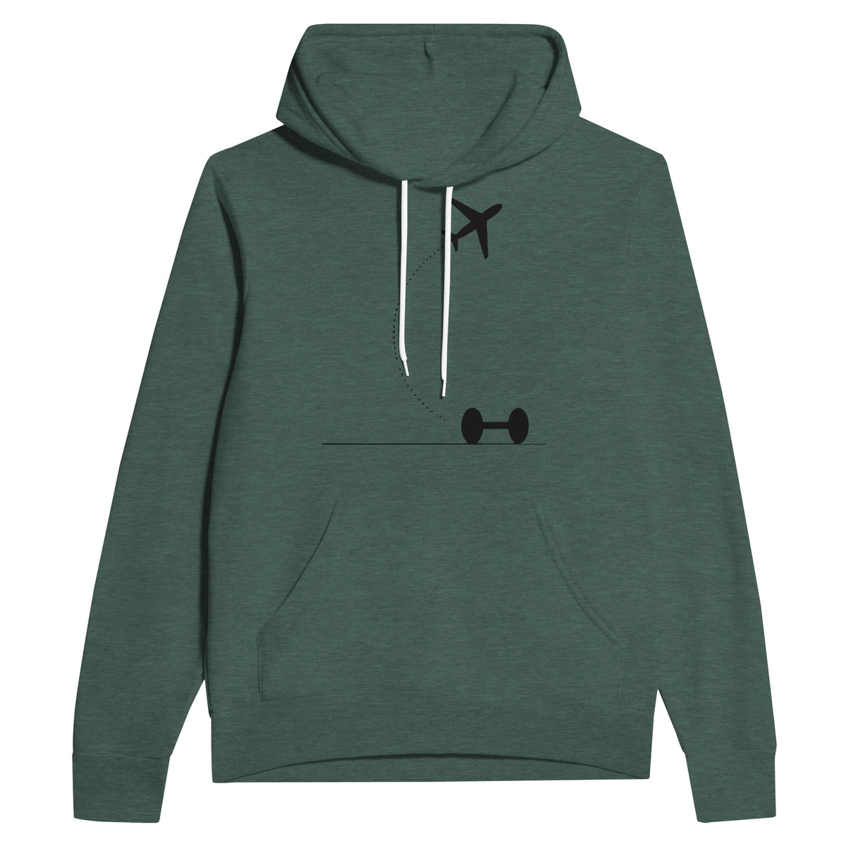Heather Forest Hotel Key, Fitness Key travel hoodie, flight-path dumbbell design