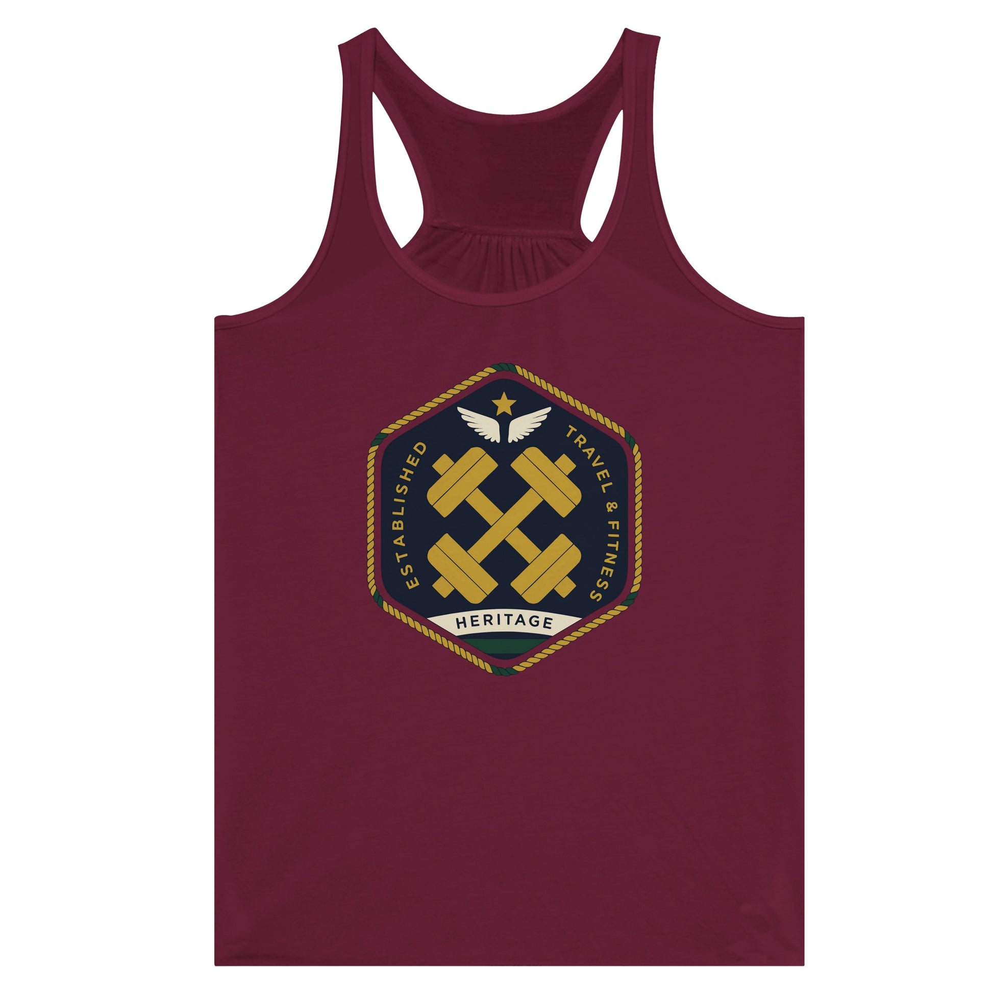 Heritage Standard crest-emblem flowy racerback tank, Dumbbells & Hotels road warrior apparel