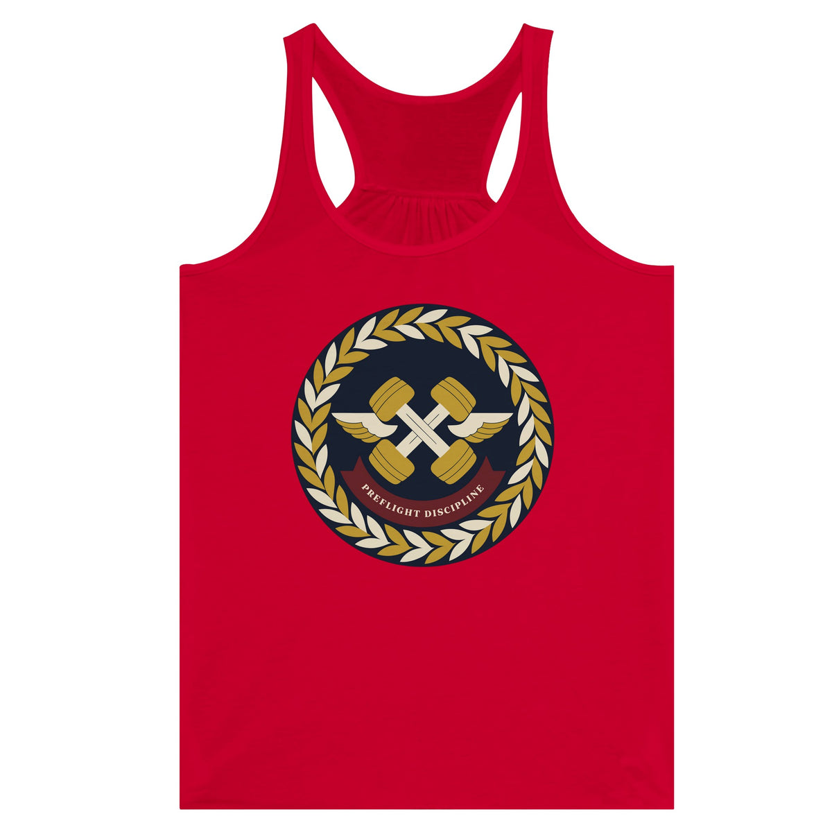 Preflight Discipline women's racerback tank for travelling professionals, printed with a laurel-wreath crest with crossed dumbbells, aviator wings and a PREFLIGHT DISCIPLINE banner — product photo 9 of 13