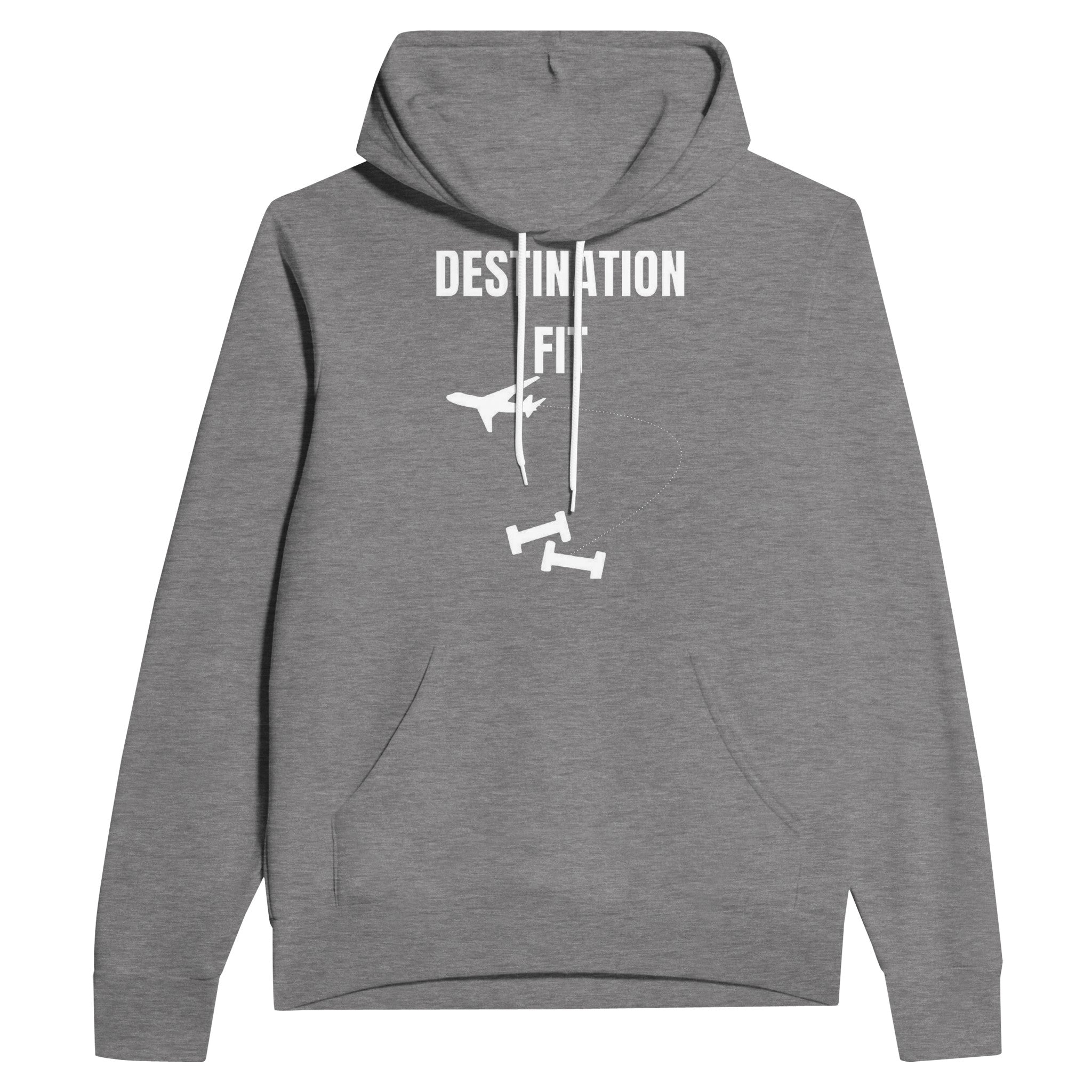 Destination Fit unisex hoodie in dark colorway by Dumbbells & Hotels — layover-ready travel fitness gear for road warriors