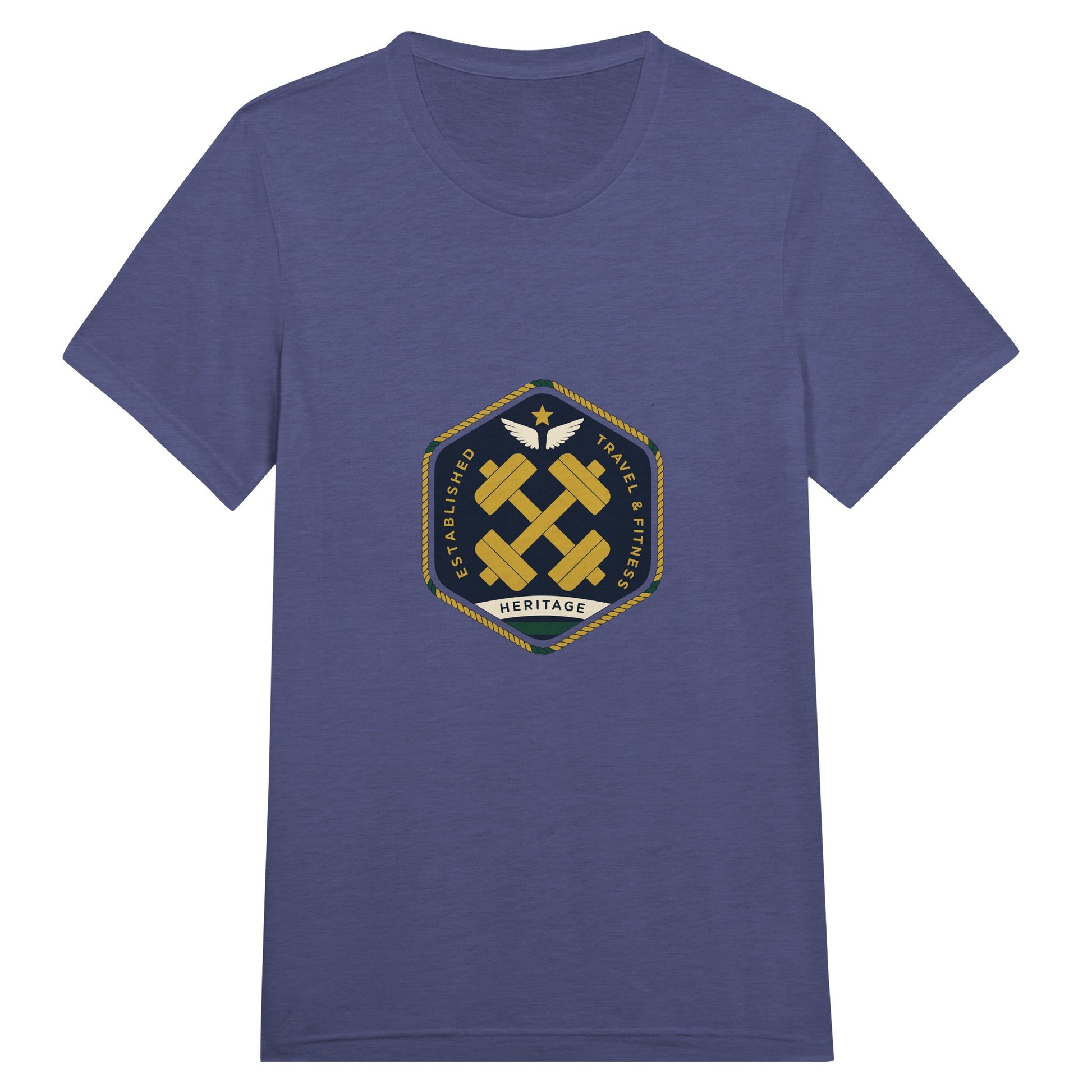 Heritage Standard crest-emblem travel tee, Dumbbells & Hotels road warrior apparel