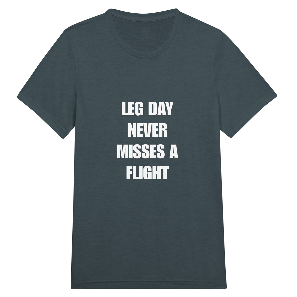 Leg Day Never Misses a Flight unisex triblend tee for travelling professionals, printed with a laurel-wreath crest with crossed dumbbells, aviator wings and a LEG DAY NEVER MISSES A FLIGHT ribbon — product photo 11 of 19
