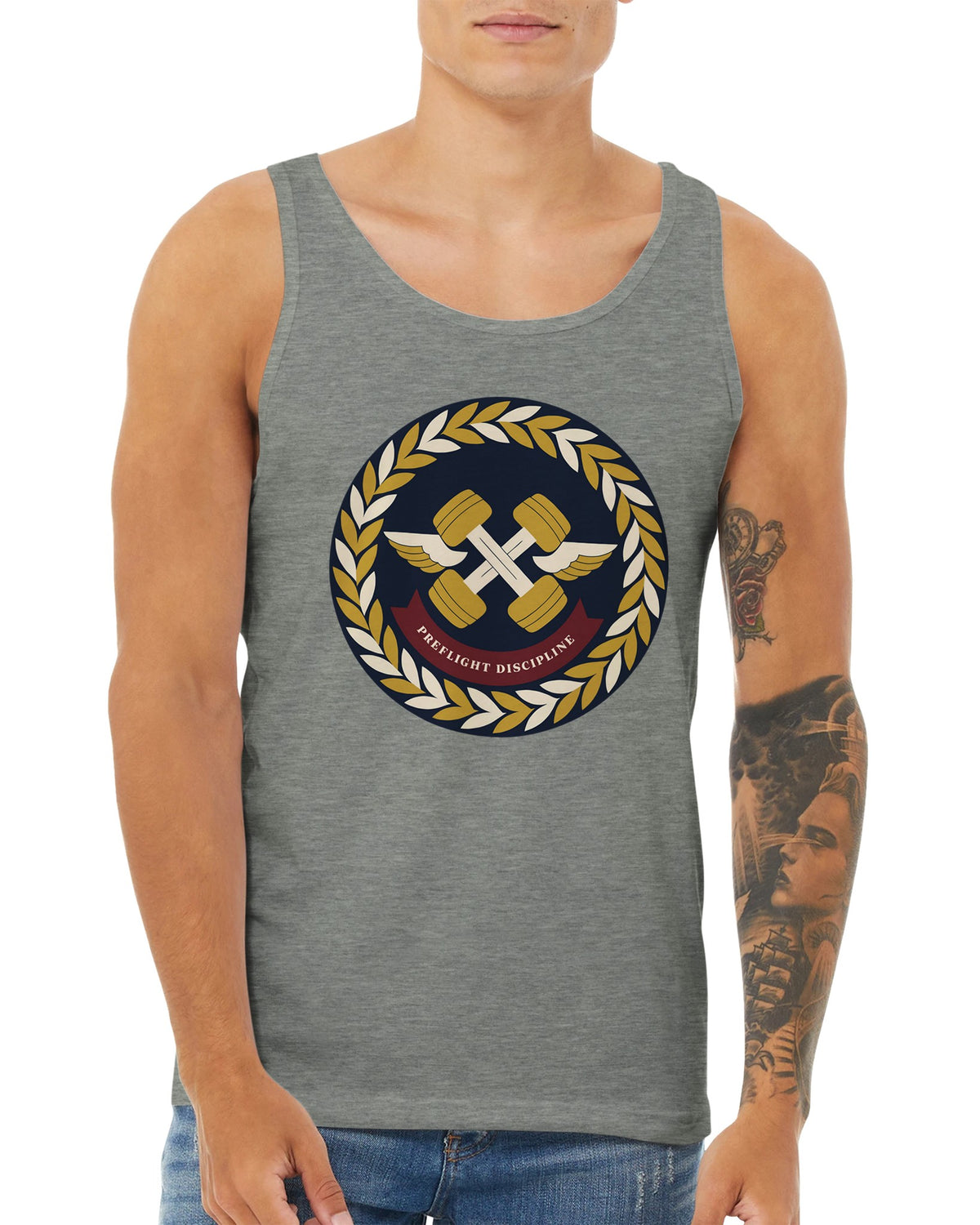 Preflight Discipline unisex tank top for travelling professionals, printed with a laurel-wreath crest with crossed dumbbells, aviator wings and a PREFLIGHT DISCIPLINE banner — product photo 17 of 18