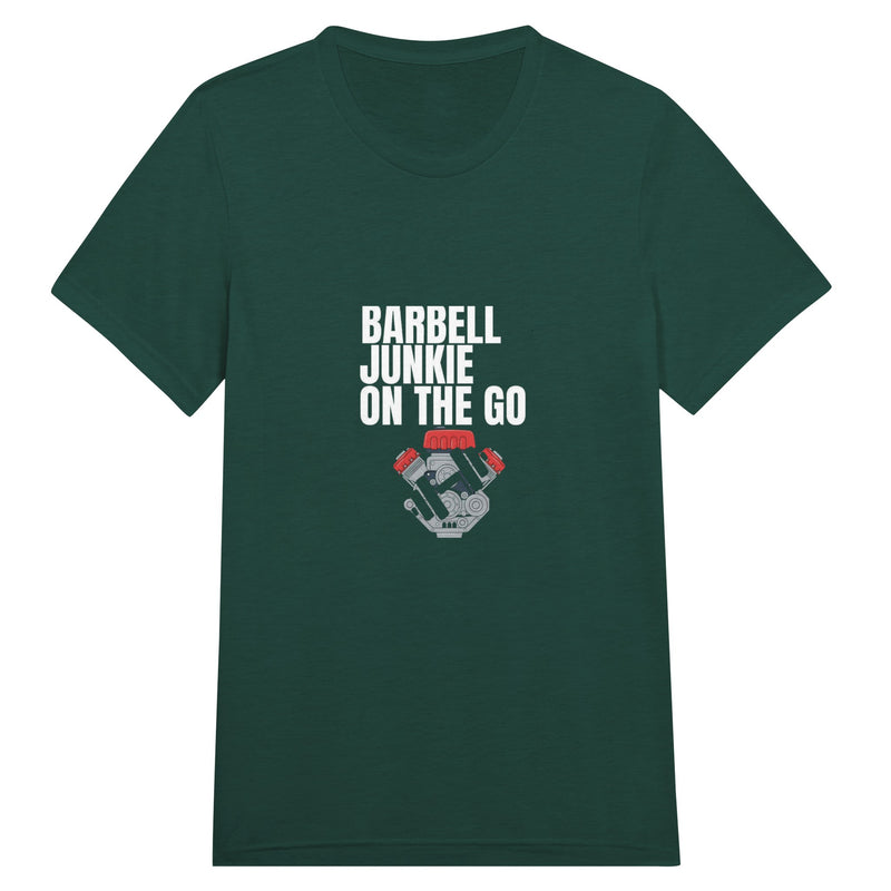 Barbell Junkie on the Go unisex classic travel tee by Dumbbells & Hotels — road warrior gym apparel