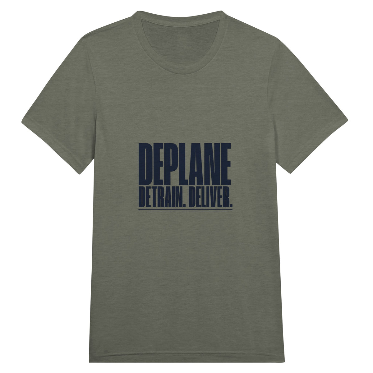 Deplane. Detrain. Deliver. travel tee, Dumbbells and Hotels, colorway flat lay