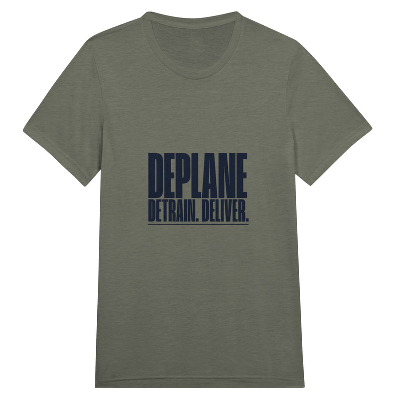 Deplane. Detrain. Deliver. travel tee, Dumbbells and Hotels, colorway flat lay