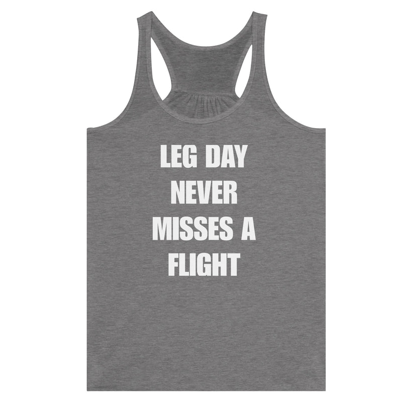 Dumbbells & Hotels women's flowy racerback tank with the Leg Day Never Misses a Flight graphic - product shot 6 of 13
