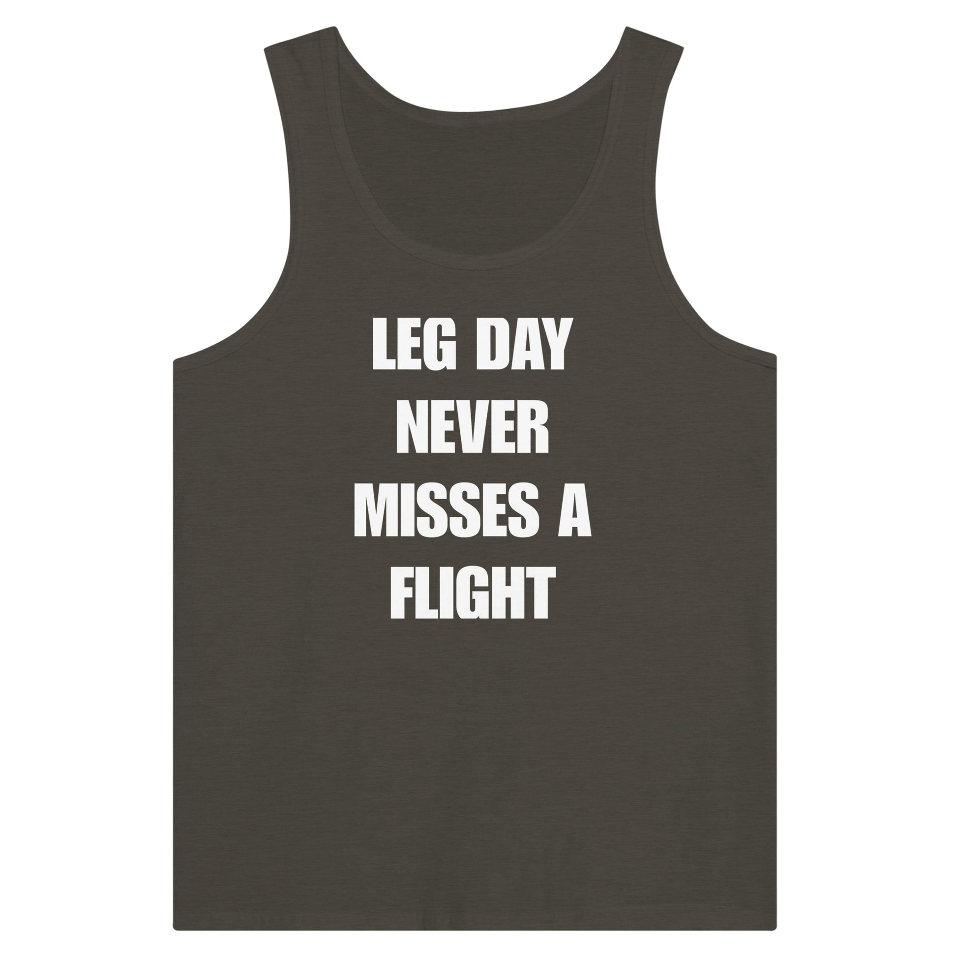 men's travel tank with white Leg Day Never Misses a Flight print on dark fabric, product view 7