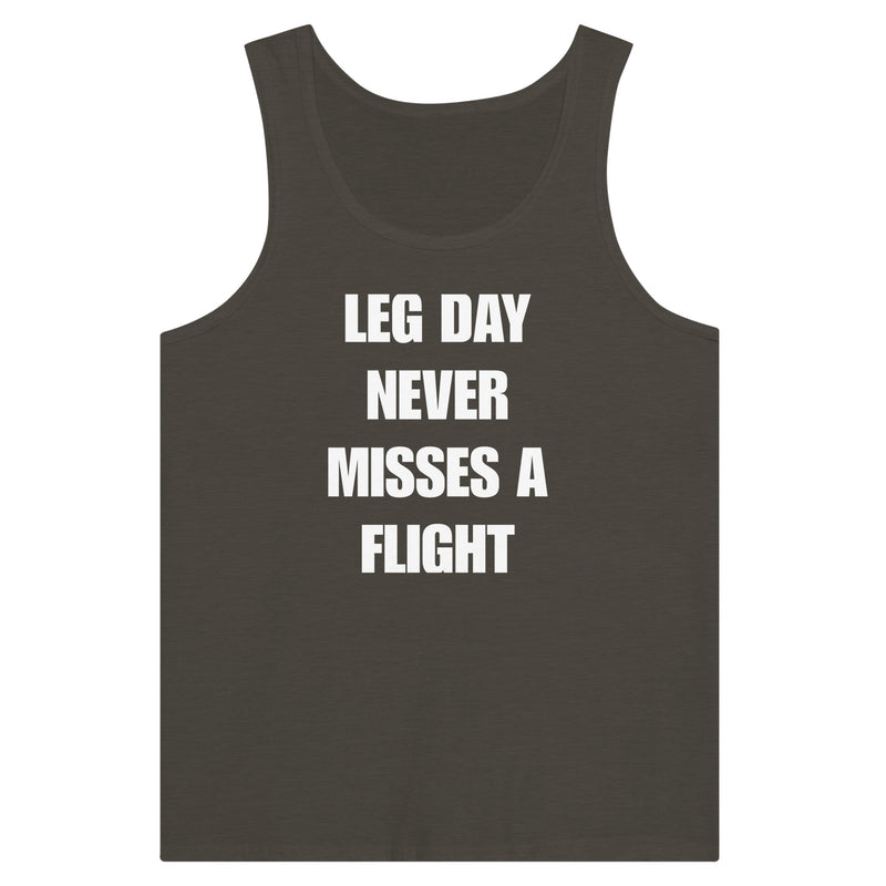 men's travel tank with white Leg Day Never Misses a Flight print on dark fabric, product view 7