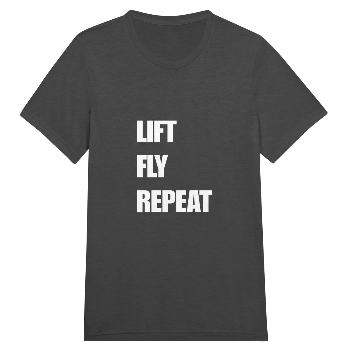 Lift Fly Repeat unisex triblend tee for travelling professionals, printed with a laurel-wreath crest with crossed dumbbells, aviator wings and a LIFT. FLY. REPEAT. ribbon — product photo 10 of 19