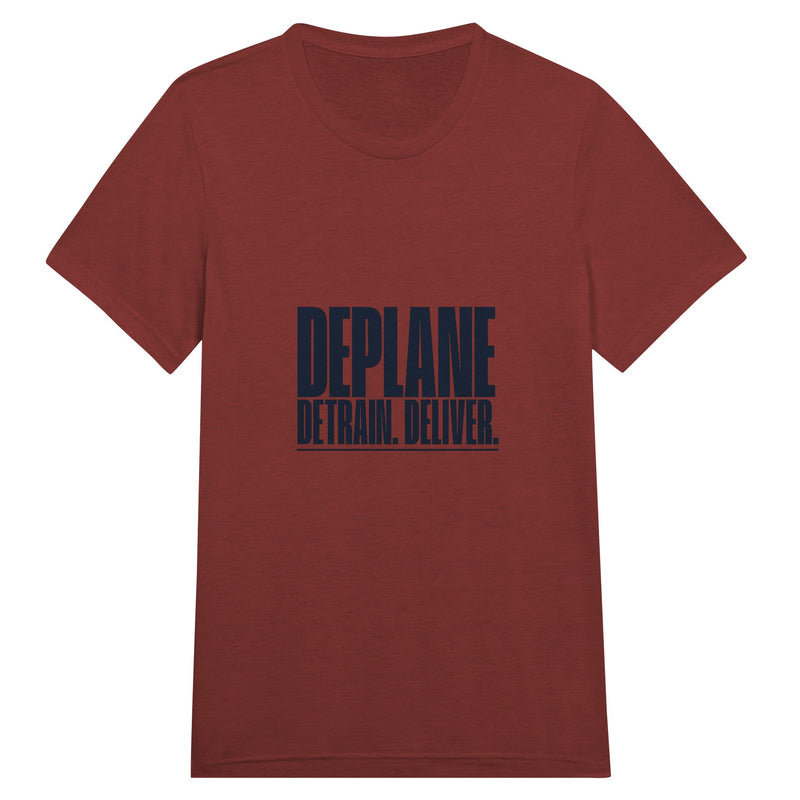 Deplane. Detrain. Deliver. travel tee, Dumbbells and Hotels, colorway flat lay