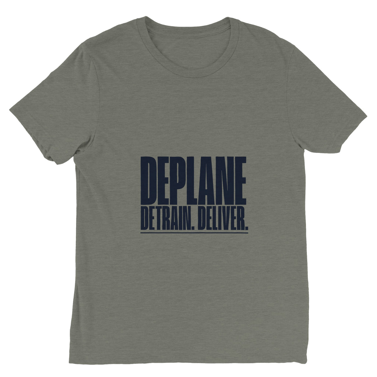 Deplane. Detrain. Deliver. travel tee, Dumbbells and Hotels, colorway flat lay