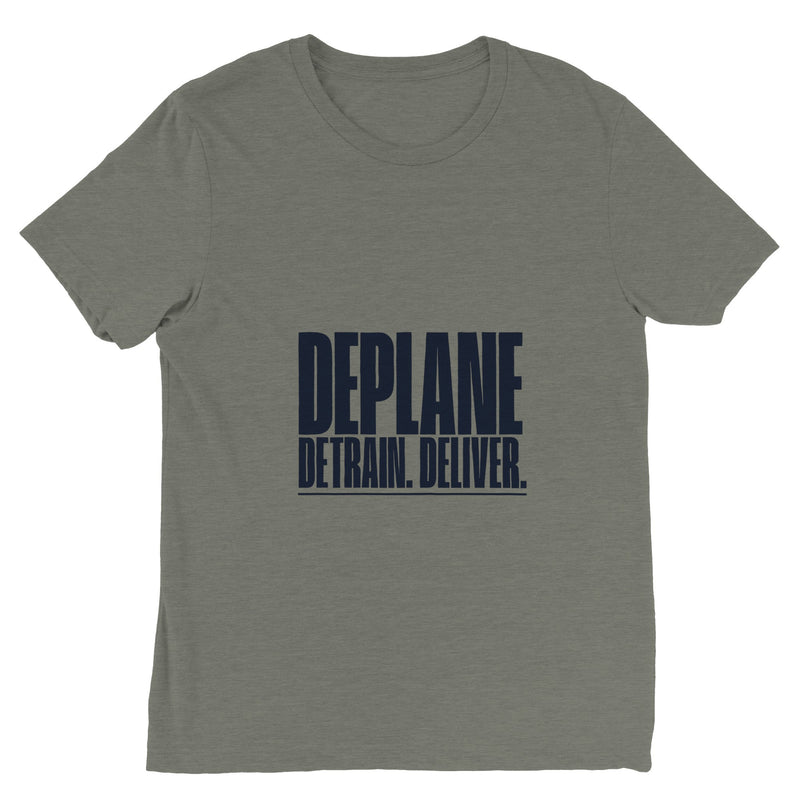 Deplane. Detrain. Deliver. travel tee, Dumbbells and Hotels, colorway flat lay