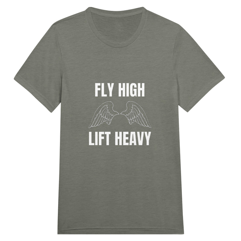 Fly High, Lift Heavy Wingspan Travel Tee in Grey Triblend — men's travel gym t-shirt by Dumbbells & Hotels