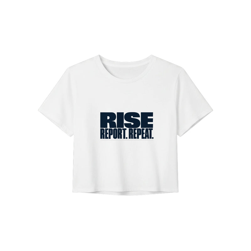 Rise. Report. Repeat. Crop Tee | Dumbbells & Hotels - Rise. Report. Repeat. design, crop tee product photo