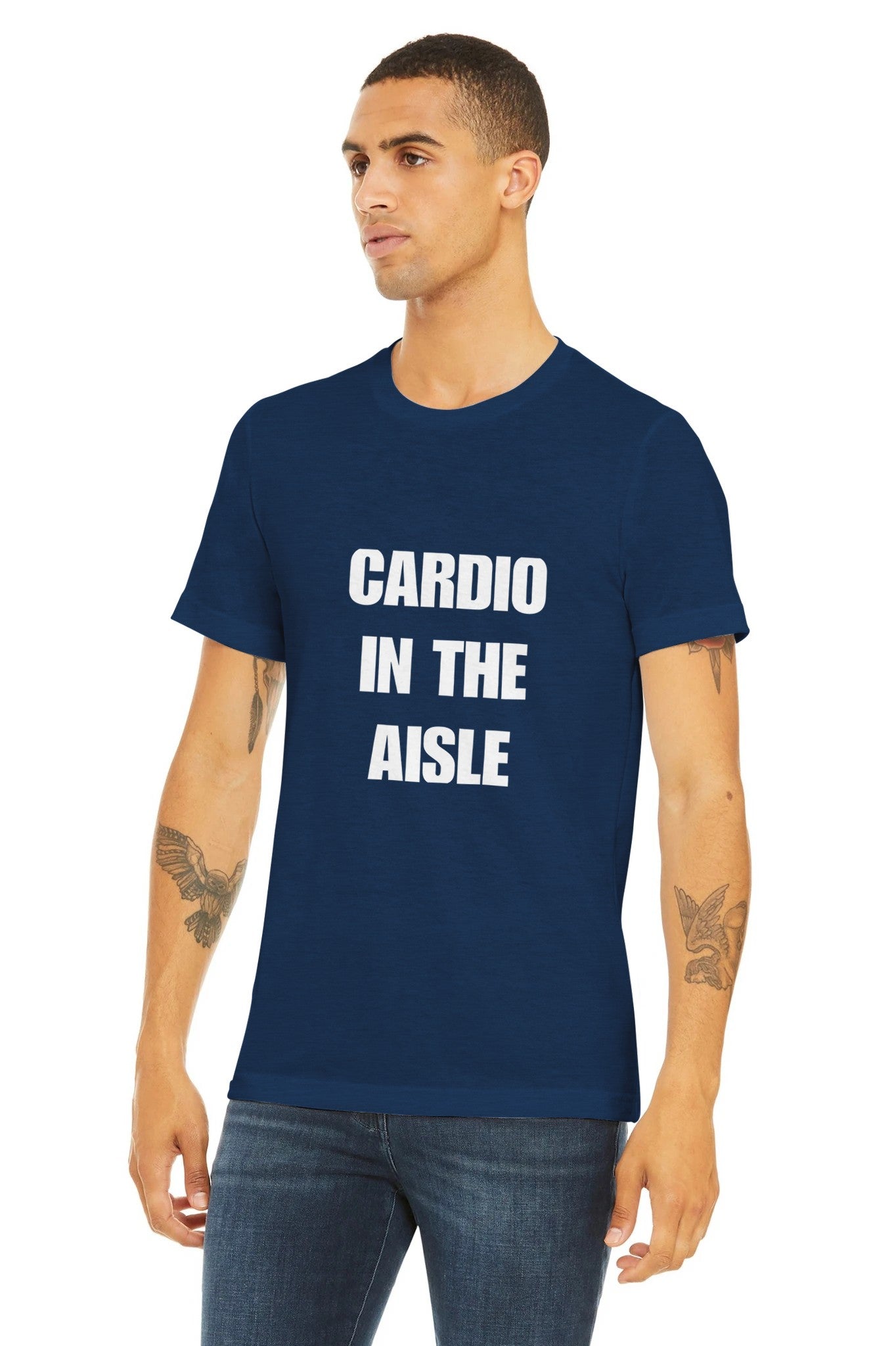 Cardio in the Aisle travel workout tee — wrinkle-resistant gear that packs flat for the carry-on | Dumbbells & Hotels
