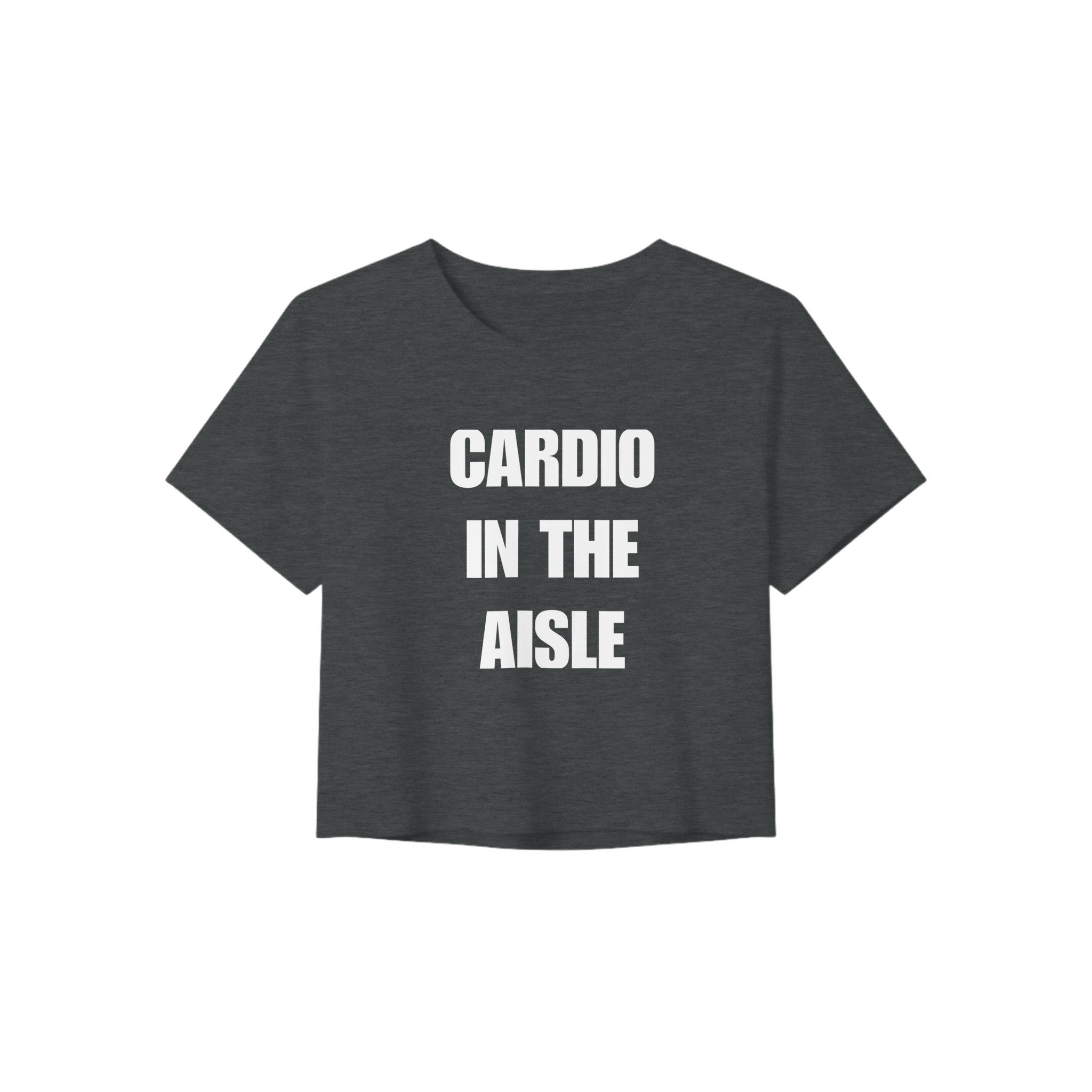 women's crop top colorway, white Cardio in the Aisle print, hotel gym travel fitness apparel