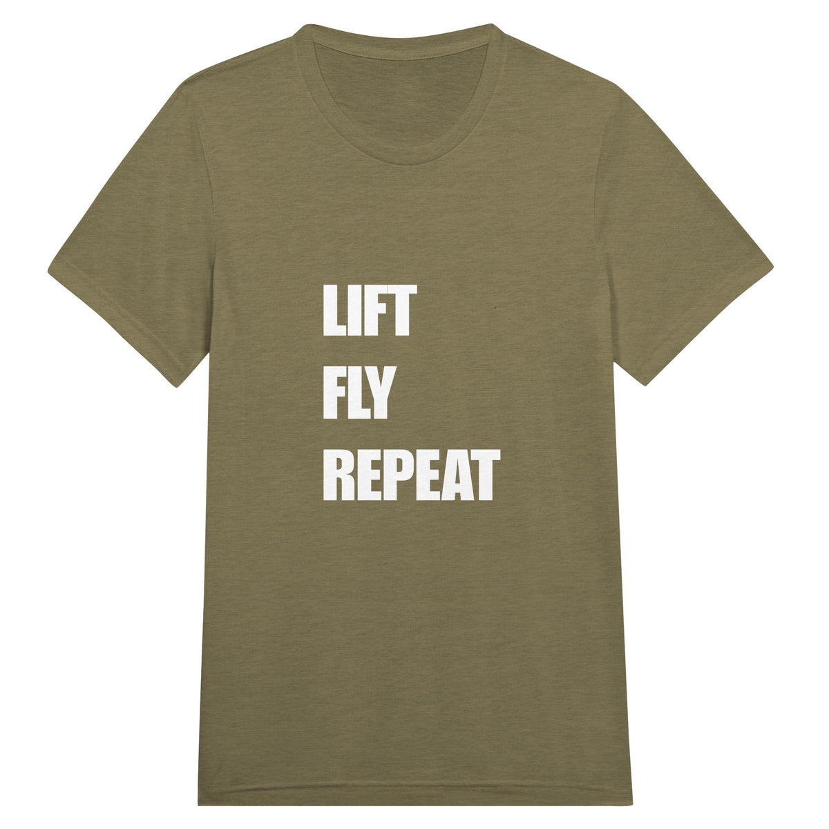 Lift Fly Repeat unisex triblend tee for travelling professionals, printed with a laurel-wreath crest with crossed dumbbells, aviator wings and a LIFT. FLY. REPEAT. ribbon — product photo 4 of 19