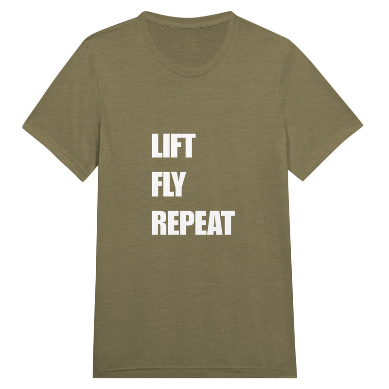 Lift Fly Repeat unisex triblend tee for travelling professionals, printed with a laurel-wreath crest with crossed dumbbells, aviator wings and a LIFT. FLY. REPEAT. ribbon — product photo 4 of 19
