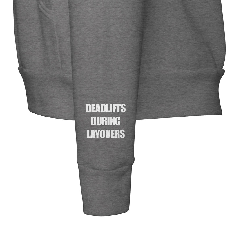 Deadlifts During Layovers travel hoodie — layover-ready capsule-wardrobe apparel designed by pilots | Dumbbells & Hotels