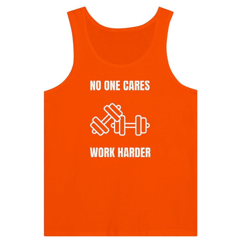 No One Cares. Work Harder premium tank, detail view — flight-tested for layovers and hotel gyms | Dumbbells & Hotels
