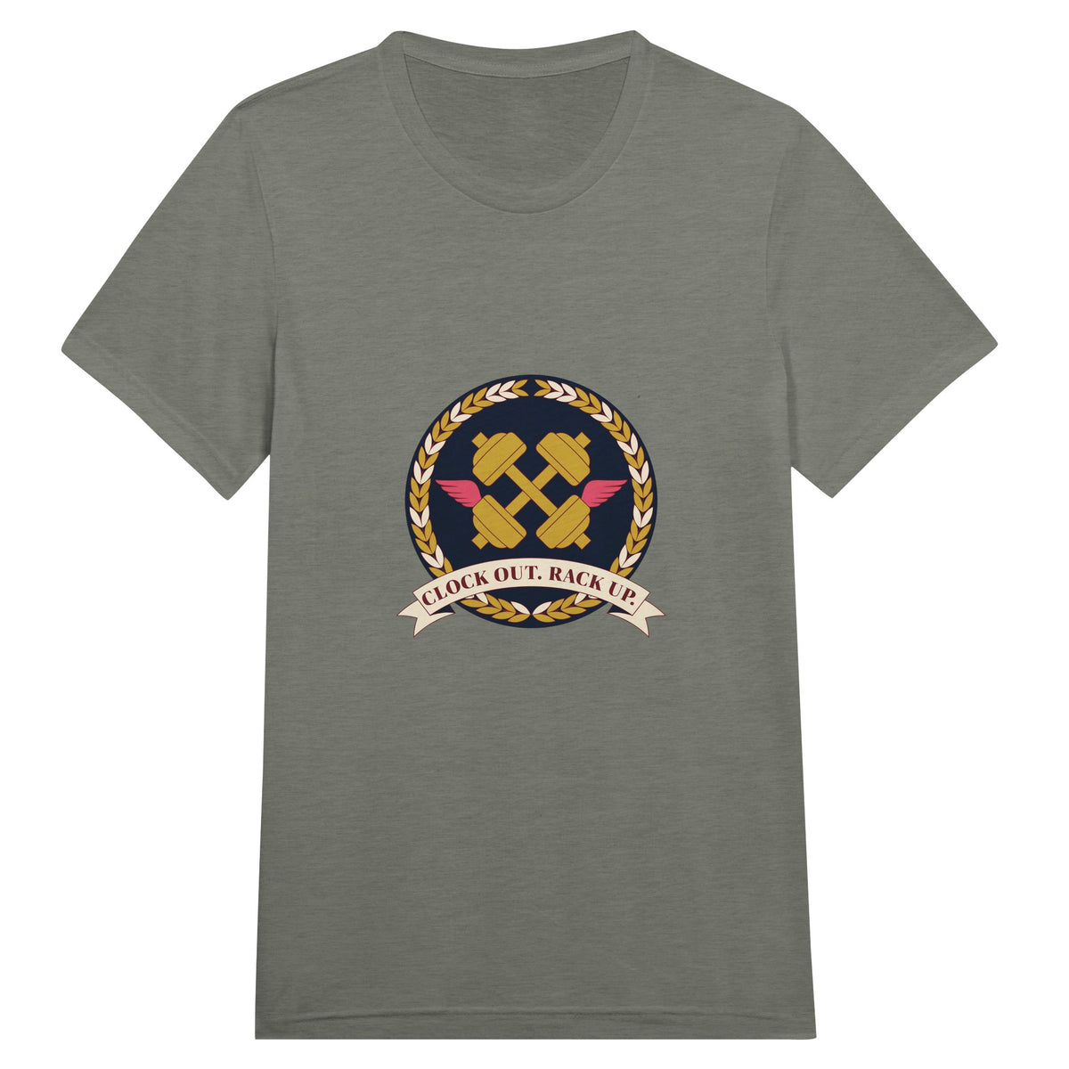 Clock Out. Rack Up. crest design on a Dumbbells and Hotels unisex travel tee