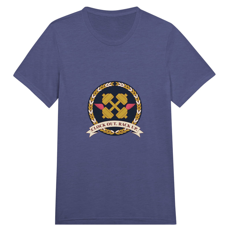 Clock Out. Rack Up. crest design on a Dumbbells and Hotels unisex travel tee
