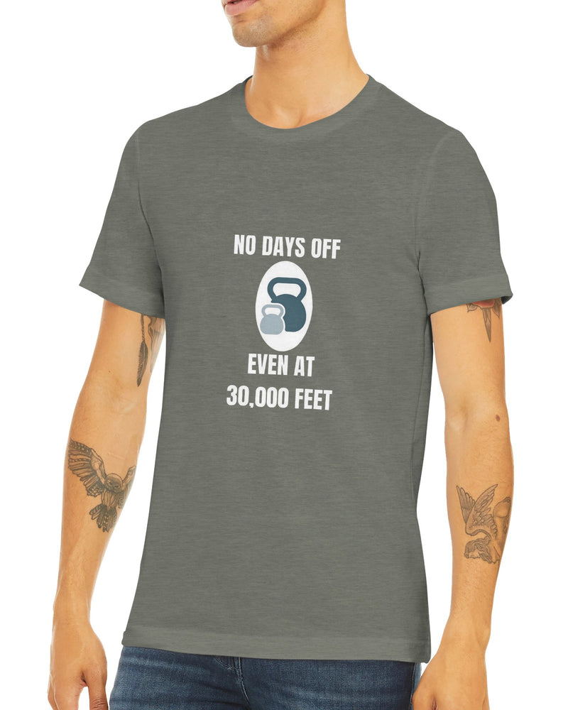 No Days Off Even at 30,000 Feet artwork detail on a unisex triblend tee designed for hotel gyms and long layovers