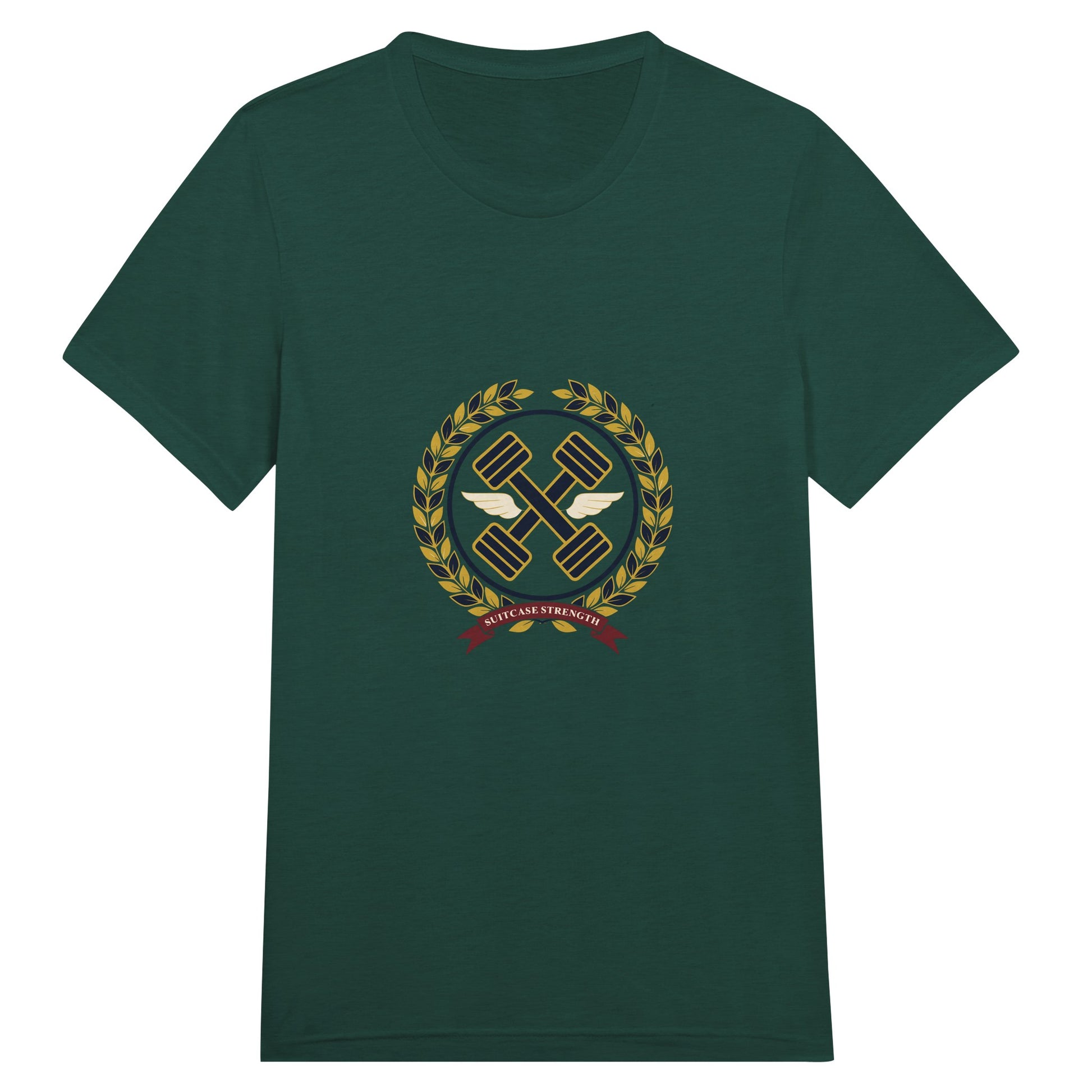 Suitcase Strength unisex triblend tee for travelling professionals, printed with a gold laurel-wreath crest with navy crossed dumbbells, cream aviator wings and a SUITCASE STRENGTH ribbon — product photo 3 of 19