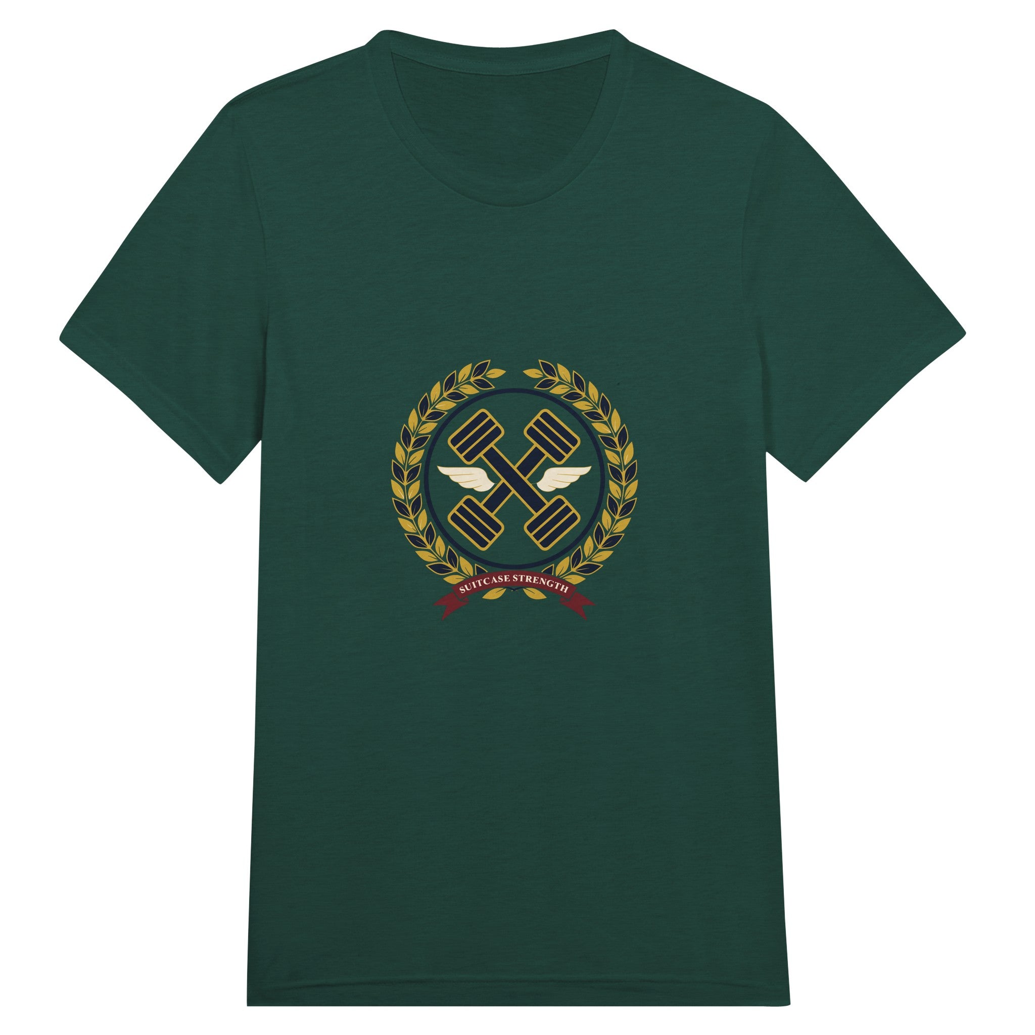 Suitcase Strength unisex triblend tee for travelling professionals, printed with a gold laurel-wreath crest with navy crossed dumbbells, cream aviator wings and a SUITCASE STRENGTH ribbon — product photo 3 of 19